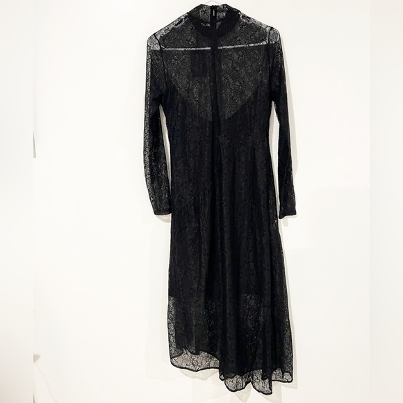 NWT All Saints Hanna Lace Black Asymmetrical Mock Neck Midi Dress Size US 8 - Picture 14 of 16